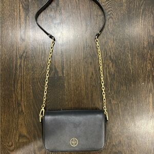 Tory Burch Black Leather Crossbody Bag with Gold Chain